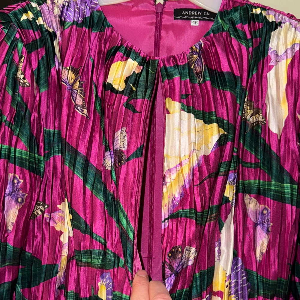 Andrew GN Gown Flowers & Butterflies 🦋 Floral Maxi Dress Feather Sleeves L 46 - Picture 6 of 8